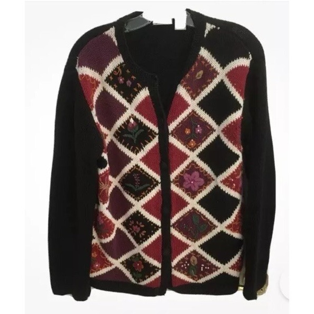 David Loren Fall Cardigan Sweater‎ Women Size M Embroidered Flowers Black
